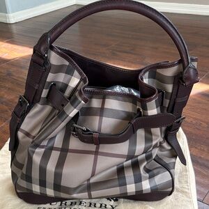 Burberry Brown and Beige Plaid Leather-Trim Shoulder Bag